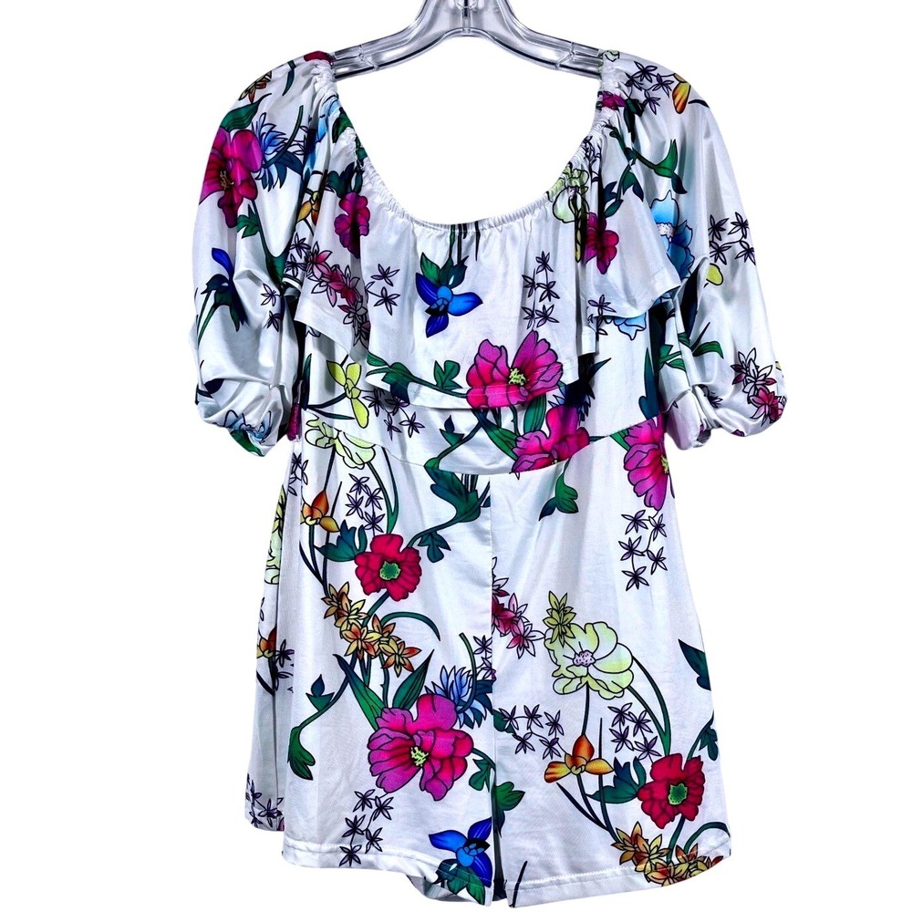 Womens Large Floral Romper Off Shoulder Ruffle Puff Sleeve White Multicolor